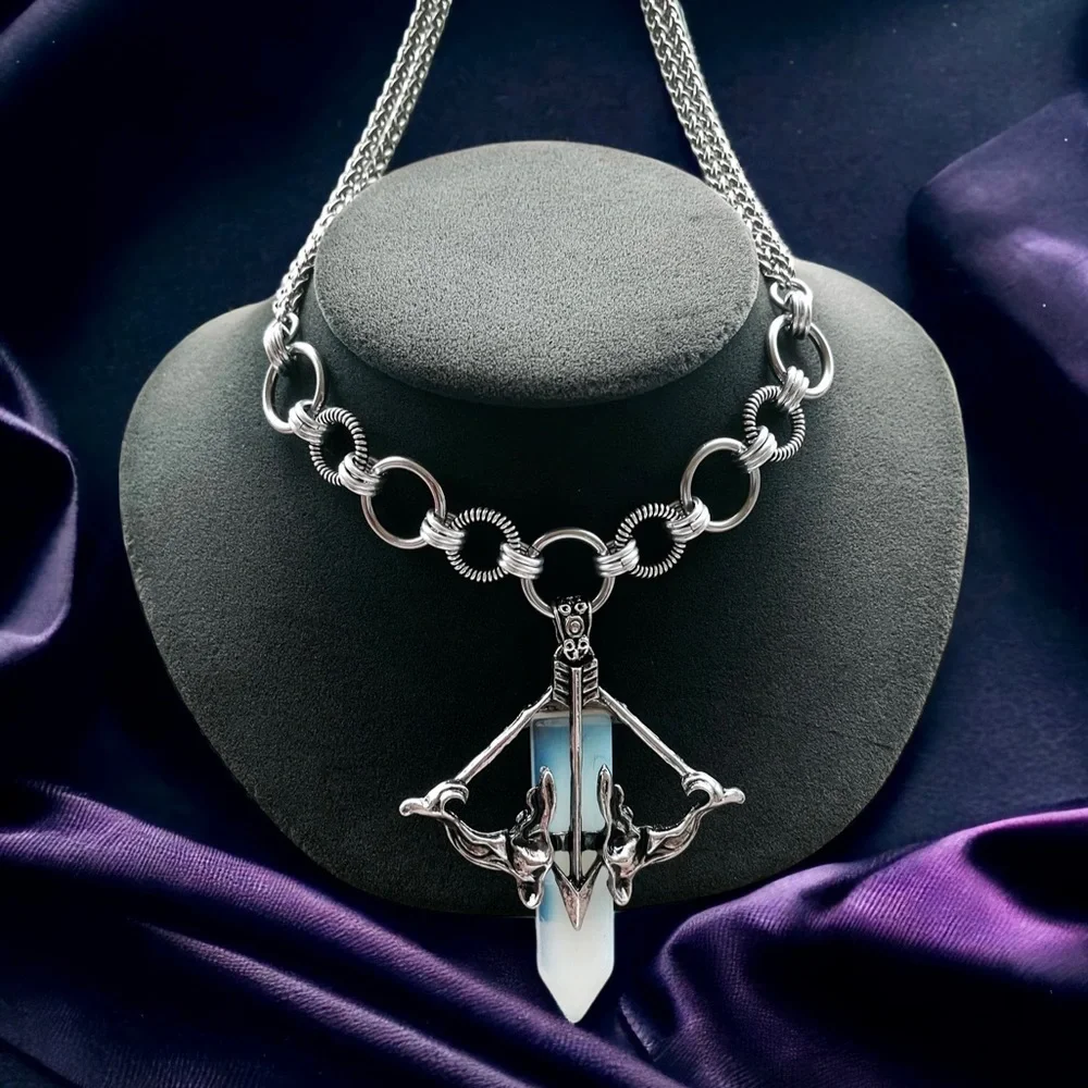 Maille links stainless steel necklace bow & arrow purple opalite stone charm - Picture 2 of 11